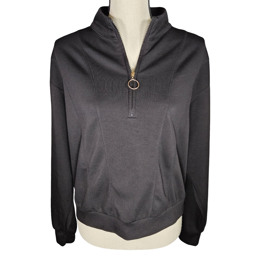Womens Half Zip Pullover Henley Sweatshirt, Black, Large